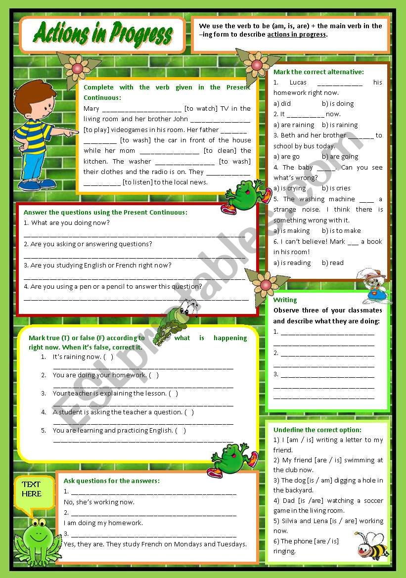 Actions in Progress  Present Continuous practice with a brief introduction [7 easy tasks for beginners] KEYS INCLUDED ((2 pages)) ***editable